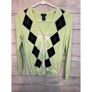 Women's IZOD Argyle Cardigan Sweater Mint Green And Black size XS Button Up